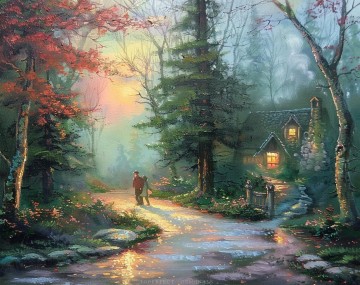 Landscapes Painting - Style of Thomas Kinkade Wall Decor Landscape Original Art Woods Sunset on Rainbow